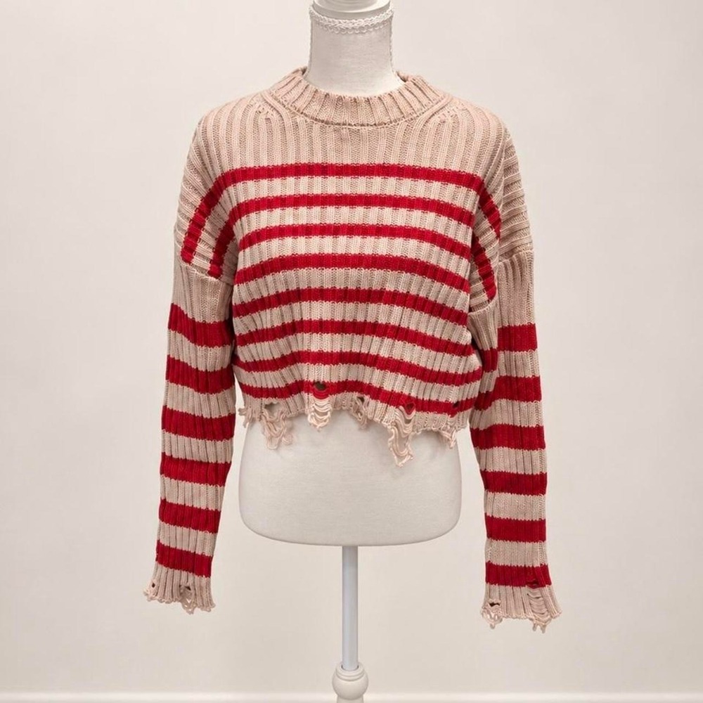 LFD red and beige striped cropped sweater with frayed hem Size Medium